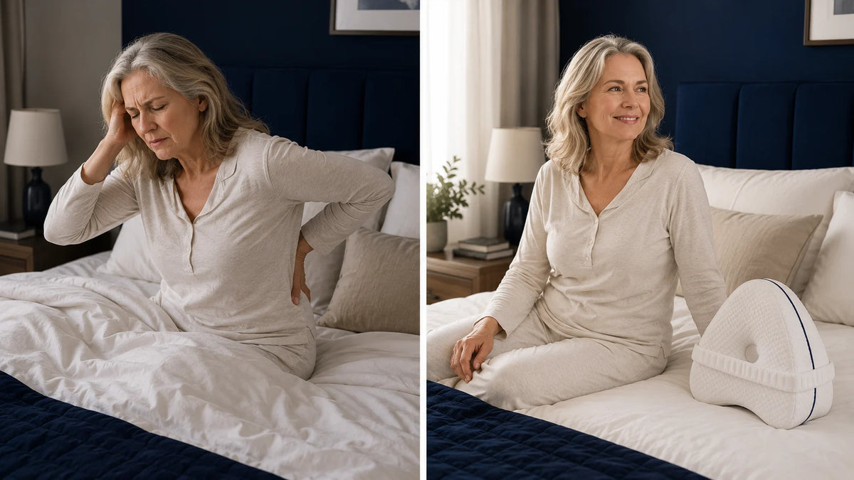 Image hero : adulte 50+ au réveil, main sur hanche/bas du dos + Soutinéa™ en contexte chambre premium