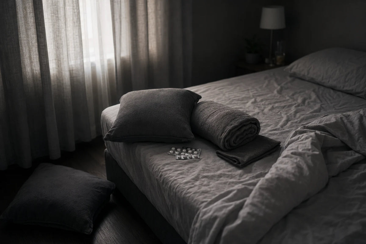 Image : coussins ordinaires froissés sur un lit, solution improvisée qui ne reste pas en place